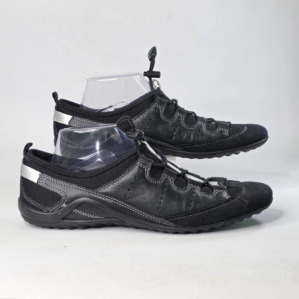 ECCO Black Leather Suede Bungee Lace Slip On Sneakers Shoes Womens US 11.5 EU 42